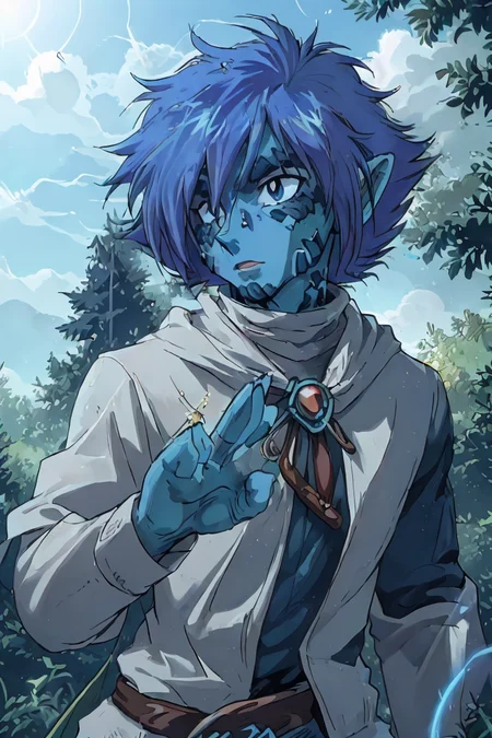(masterpiece), 2D animation, 90s anime style, detailed face, expressive eyes,
1man, looks like Zelgadis, has blue skin,
focused expression, casting spell, detailed hands, swirling magic,
detailed background, vibrant magical forest, cinematic lighting, daytime, sunshine,
(cowboy shot:1.2),
<lora:Zelgadis001:0.8> zelgadis, blue skin
<lora:muscle_slider_v1:-1>, <lora:weight_slider_v2:-1>
<lora:Concept - Cryomancer:0.4>