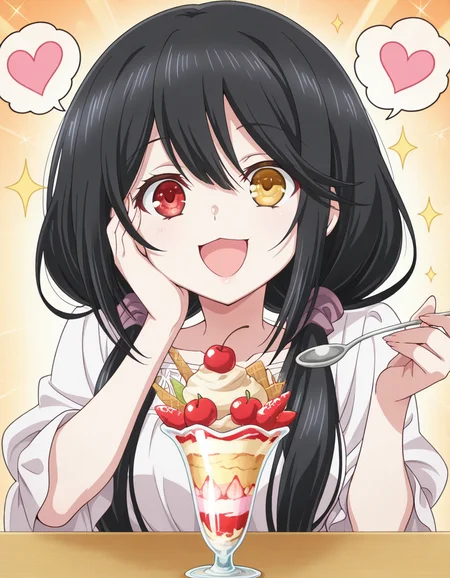 masterpiece, best quality, amazing quality,, <lora:kurumi-tokisaki-s2-illustriousxl-lora-nochekaiser:1>, kurumi tokisaki, black hair, red eyes, long hair, twintails, yellow eyes, heterochromia, mature female, medium breasts, anime screencap, <lora:parfait-illustriousxl-lora-nochekaiser:1>, parfait, open mouth, heart, food, sparkle, fruit, happy, hand on own face, spoken heart, ice cream, strawberry, spoon, hand on own cheek, cherry, holding spoon, , ,