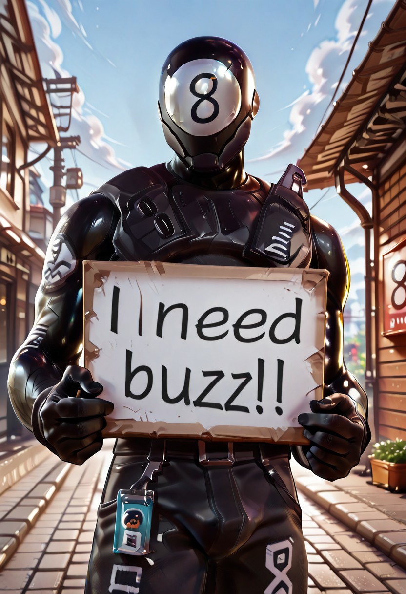 <lora:8ball:1.0>, 8ball, Fortnite, male, (black body, black skin, black gloves), (((Mask with number 8 written on it, written eight))), (5 fingers), fully clothed, (((all character black body))),
masterpiece, best quality, amazing quality, 8k, face focus, face only, looking at viewer, (((need_buzz, holding sign, holding sign with text "donate some buzz"))), buzz