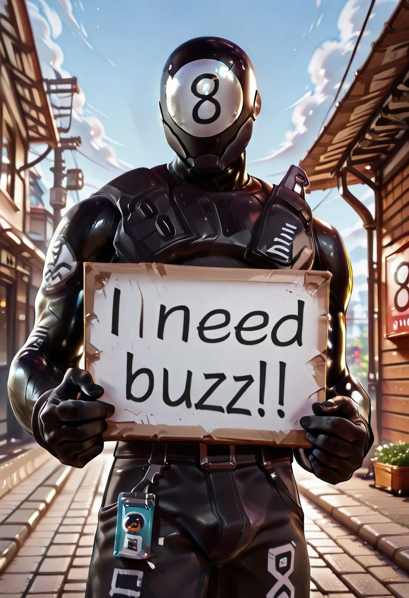 <lora:8ball:1.0>, 8ball, Fortnite, male, (black body, black skin, black gloves), (((Mask with number 8 written on it, written eight))), (5 fingers), fully clothed, (((all character black body))),
masterpiece, best quality, amazing quality, 8k, face focus, face only, looking at viewer, (((need_buzz, holding sign, holding sign with text "donate some buzz"))), buzz