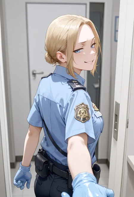 masterpiece, best quality, amazing quality, absurdres,
0c_tsa,n0rtas, 1girl, solo, blonde hair, single hair bun, low hair bun, blue eyes, parted lips, medium breasts, police uniform, policewoman, blue shirt, collared shirt, epaulette, badge, name tag, blue gloves, rubber gloves, black pants, belt, pouch,
, 1boy, pov, holding hand, look back, smug, smirk, open door, room, blurry background, depth_of_field, focus, from behind, back view,