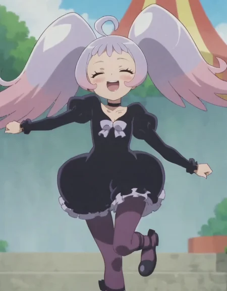 score_9, score_8_up, score_7_up, anime screencap, solo,1girl, nicosmapre,puffy sleeves, black dress, purple pantyhose, choker, smile, looking at viewer, cowboy shot,blush,open mouth,small breasts,closed eyes,jumping<lora:nico:0.8>