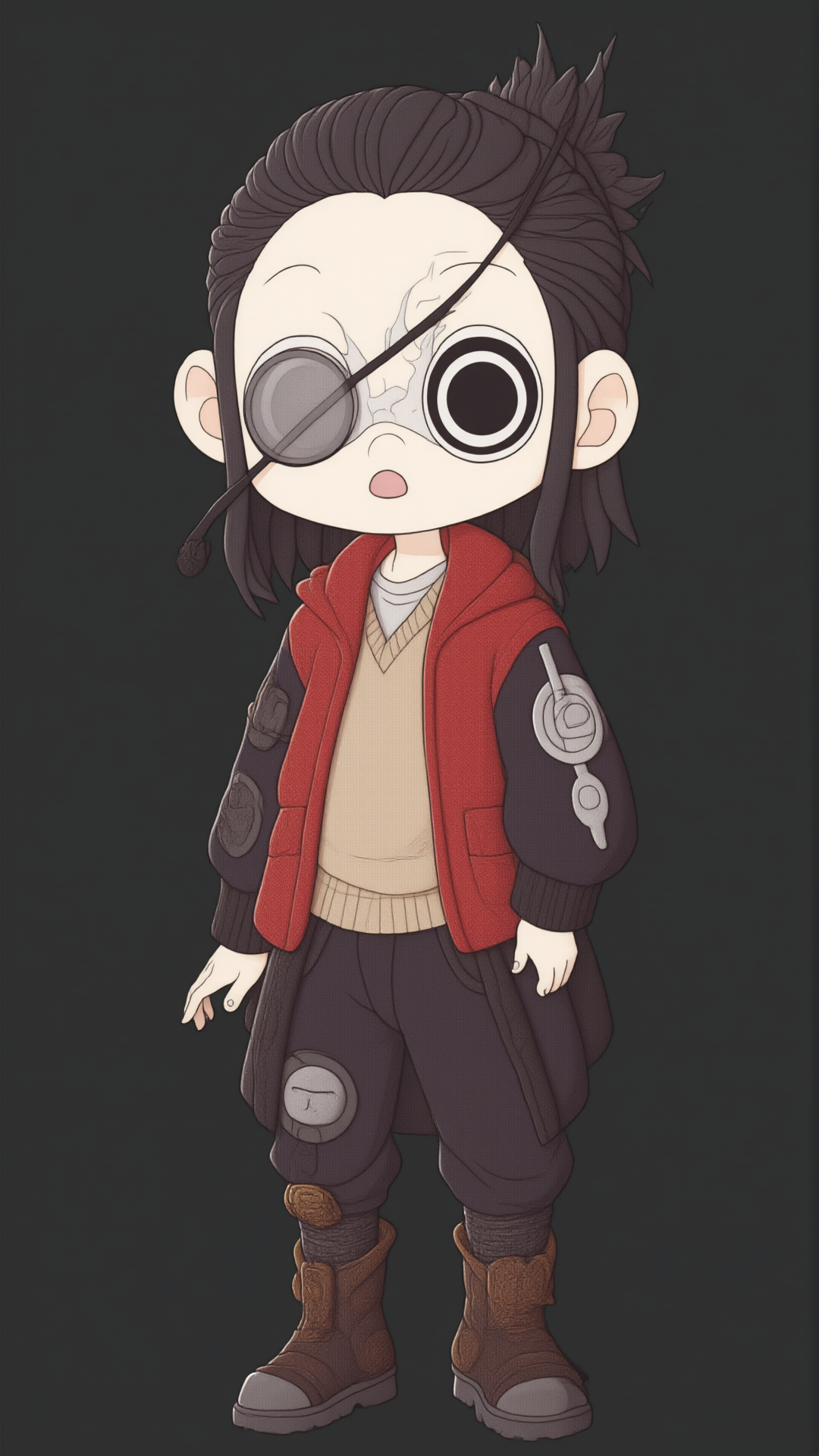 <lora:KawaiisStyle:1>kawaii style 1boy, solo, male focus, very short hair, boots, full body, black hair, buzz cut, eyepatch, standing