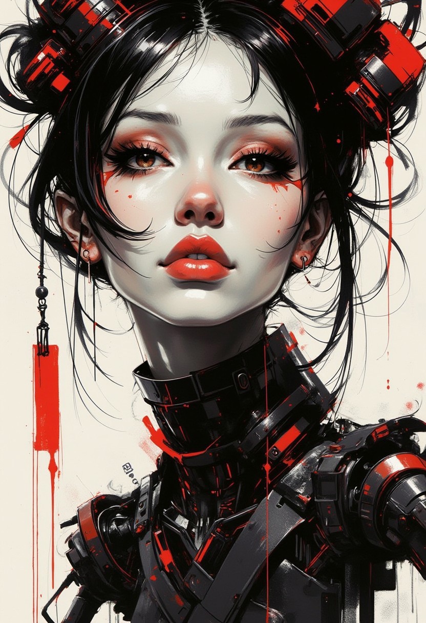portrait of an oriental female cyberpunk robo-geisha,  pale face, red lips, hair ornaments, robotic cyborg wires, robot joints, glowing circuitry, glancing at viewer, chiascuro, silhouetted, closeup of face