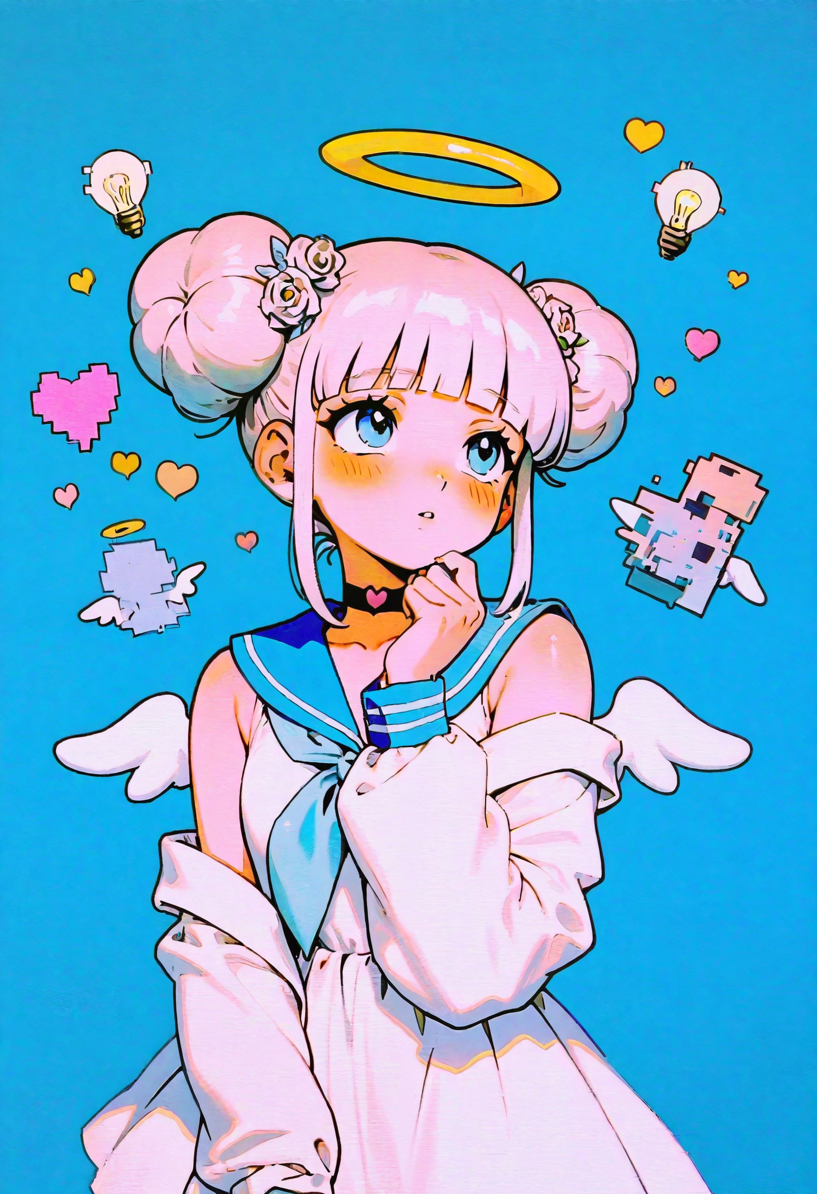 <lora:ZG9sb3JzaWxlbnRpdW0=-noobaiXL_eps_v110_V1-CAME-000035>, ZG9sb, retro artstyle, 1990s \(style\), 1girl, light bulb, flower, halo, blue background, solo, blue eyes, hair flower, double bun, choker, hair bun, angel wings, hair ornament, wings, blunt bangs, heart, neckerchief, white wings, sailor collar, mini wings, blush, simple background, dress, upper body, sidelocks, pixelated, rose, glitch, looking up, white dress, angel, detached wings, heart choker, blue sailor collar, sleeveless, long sleeves, off shoulder, hand up, parted lips, white hair, black choker, grey hair, hand on own chin, jewelry