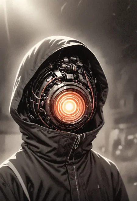 Monochrome with color spots, photo in phst artstyle, mechanical parts, wires, cables, cyberpunk, closeup portrait of PESonGoku with a half robot face, pastel pink/white colored, closeup photo of an wired-cyborg so'n Goku with half robot face wearing a black high collar parka with technical macro writing resembling an Dragonball on the back, solo, man, high collar parka, upper body,, male focus, long hair in wind, fists, clothes writing, crepuscular rays, volumetric lighting, ultra detailed, deep Blacks, very detailed, atmospheric haze, Film grain, cinematic film still, shallow depth of field, highly detailed, high budget, cinemascope, moody, epic, OverallDetail, 2000s vintage RAW photo, photorealistic, candid camera, color graded cinematic, eye catchlights, atmospheric lighting, imperfections, natural, shallow dof