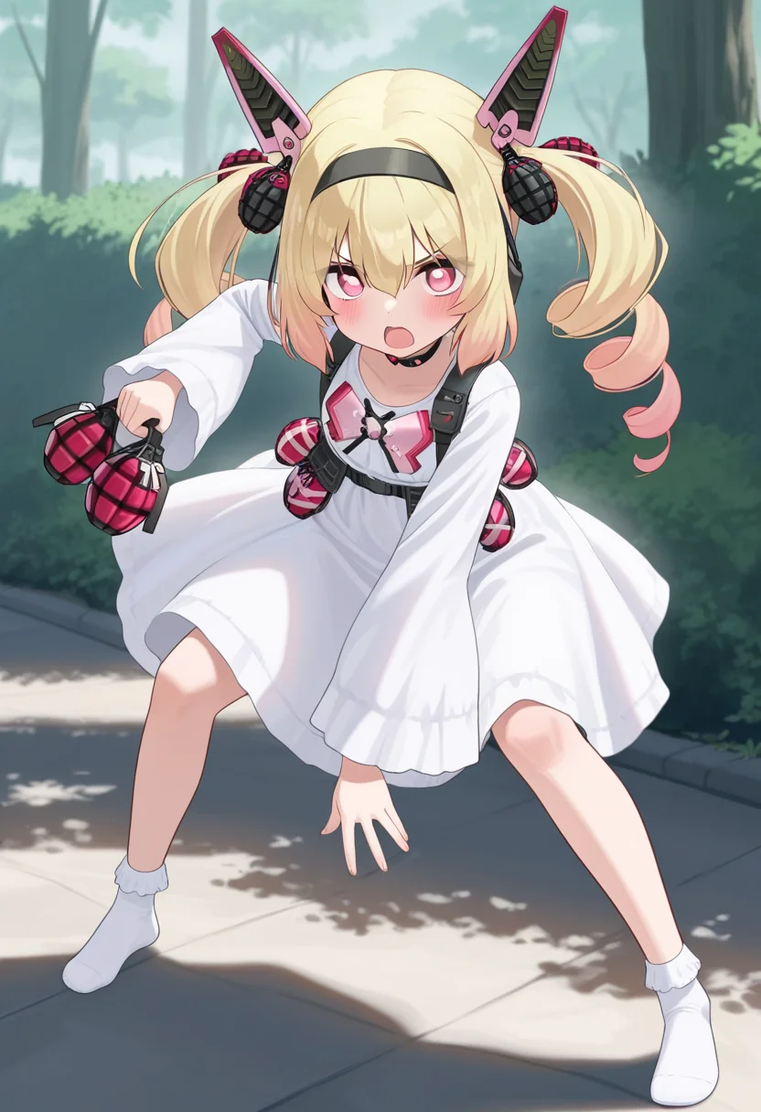 ikinone_tomeru, blonde hair, twintails, hairband, multicolored hair, black hairband, hair ribbon, pink eyes, long hair, gradient hair, headgear, hair between eyes ,drill hair, mechanical ears,
choker, white dress,ong sleeves, grenade, bow, ribbon, official alternate costume, white socks, no shoes,
holding pink weapon,
<lora:ikinone_tomeru_Illustrious-XL_2.0_v1:1>, IllusP0s,masterpiece, best quality, amazing quality, very aesthetic, absurdres, newest
solo,1girl,, standing, (dynamic pose,fighting stance), open mouth, blush, v-shaped eyebrows,
looking at viewer,(upper body, close-up),
(outdoors, )