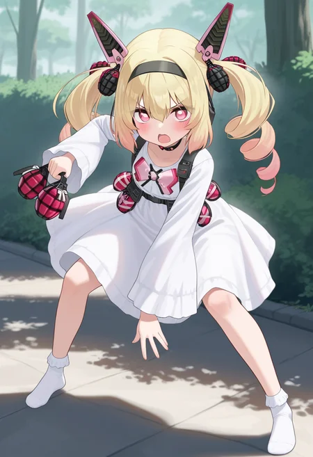 ikinone_tomeru, blonde hair, twintails, hairband, multicolored hair, black hairband, hair ribbon, pink eyes, long hair, gradient hair, headgear, hair between eyes ,drill hair, mechanical ears,
choker, white dress,ong sleeves, grenade, bow, ribbon, official alternate costume, white socks, no shoes,
holding pink weapon,
<lora:ikinone_tomeru_Illustrious-XL_2.0_v1:1>, IllusP0s,masterpiece, best quality, amazing quality, very aesthetic, absurdres, newest
solo,1girl,, standing, (dynamic pose,fighting stance), open mouth, blush, v-shaped eyebrows,
looking at viewer,(upper body, close-up),
(outdoors, )