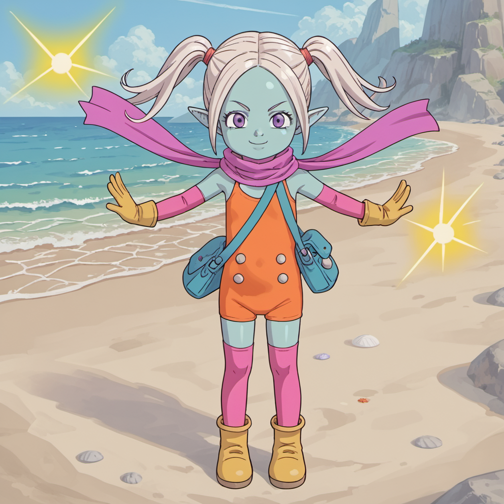source_anime,score_9,score_8_up,score_7_up,daimapanzy,toddler,orange swimsuit,solo,1girl,smile,flat chest,colored skin,blue skin,zettai ryouiki,pointy ears,purple eyes,scarf,purple scarf,pink thighhighs,long hair,twintails,bare shoulders,yellow gloves,pink elbow gloves,yellow footwear,ankle boots,looking at viewer,full body,white hair,satchel,beach,standing, firing energy beam from hands, hands together in front,<lora:Light-Detail_enhance:2>,<lora:Panzy_Dragonball_Daima:0.6>