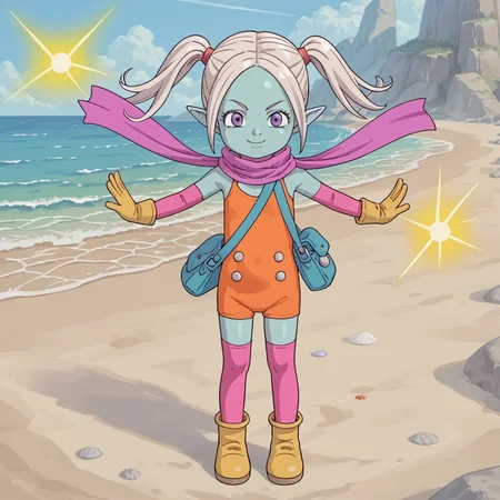 source_anime,score_9,score_8_up,score_7_up,daimapanzy,toddler,orange swimsuit,solo,1girl,smile,flat chest,colored skin,blue skin,zettai ryouiki,pointy ears,purple eyes,scarf,purple scarf,pink thighhighs,long hair,twintails,bare shoulders,yellow gloves,pink elbow gloves,yellow footwear,ankle boots,looking at viewer,full body,white hair,satchel,beach,standing, firing energy beam from hands, hands together in front,<lora:Light-Detail_enhance:2>,<lora:Panzy_Dragonball_Daima:0.6>