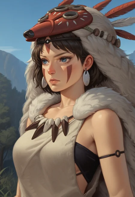 d31m0style, semi-realism, masterpiece, best quality, solo, princess mononoke, blue eyes, tribal clothing, wooded area, blue sky, bust shot