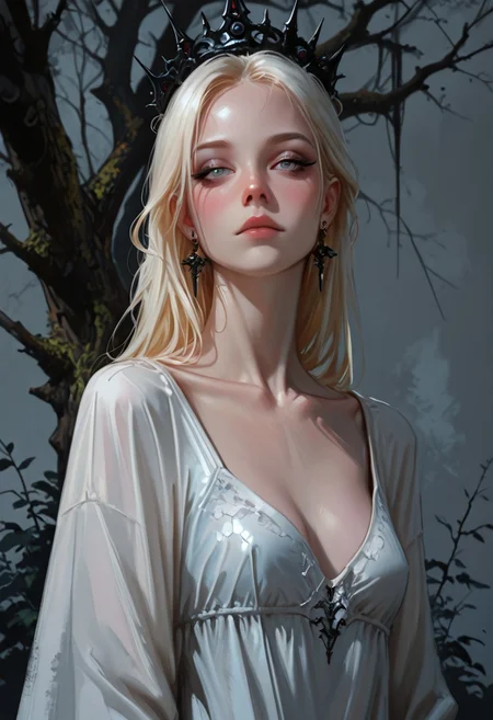 cowboy shot, dutch angle, depth of field, soft luminescent glow
best quality, amazing quality, very aesthetic, detailed texture, highly detailed,
chiaroscuro, vignetting, upper_body,
woman, regal, long_hair, pale_skin, blush, looking_at_viewer, blue_eyes, blonde_hair, cleavage, medium_breasts, jewelry, closed_mouth, collarbone, earrings, white_hair, small_breasts,, narrowed_eyes, grey_eyes, eyelashes, makeup, expressionless, black steel crown,
tree,
realistic, fantasy, simple_background, grey_background, original,
STP-Illu