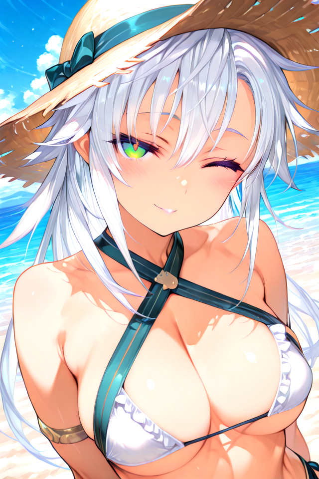 PonyScores, Expressiveh, (score_9, score_8_up, score_8, ASCII score_9), Rating 9, Rating 8, Rating 7, (Fie Claussell), (Trails of Cold Steel), (1girl), (solo), masterwork, masterpiece, very aesthetic, high resolution, ultra-detailed, absurdres, newest, (big breasts:1.1), large breasts, (curvy:1.2), source_anime, looking sensually, eager, naughty face, close up, dynamic angle, standing, (front view:1.4), (facing viewer), (Detailed pupils, intricate pupil details, defined pupils, Intricate iris details, defined iris), (large expressive eyes), (big expressive eyes), blush, parted lips, ((beautiful round breasts:1.3)), (arms at sides), (arms relaxed), (hands by sides), sleeveless dress, (seductive smile), mystery, intrigue, toned, toned female, upper body shot, petite, skinny, bushy eyelaashes, long eyelashes, cleavage, underboob, detailed hands, (natural colors), voluptuous, white hair, long hair, green eyes, particles, portrait, looking at viewer, Body details, Character Details, Clothing Details, full lips, <lora:FieClaussellillusApexAi:0.7>, straw hat, micro bikini, frilled bikini, criss-cross halter, bow bikini, tight bikini, skindantation, armlet, thighlet, bracelet, sandals, adorable smile, blush, beach, blue sky, sitting, crossed legs, v over the eye, wink,