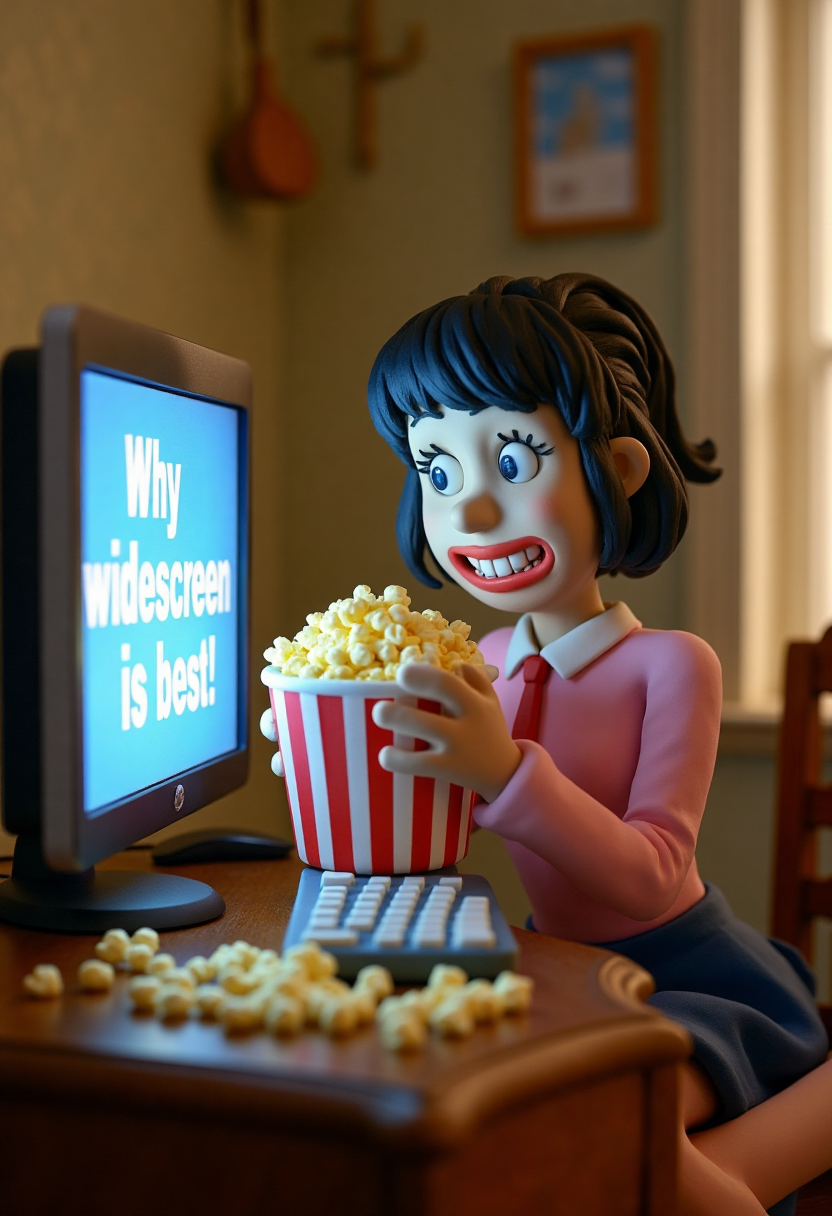 a claymation animation of an anime woman sat at a computer eating popcorn, on the screen is the words "Why widescreen is best"