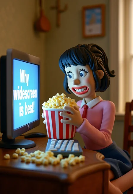 a claymation animation of an anime woman sat at a computer eating popcorn, on the screen is the words "Why widescreen is best"
