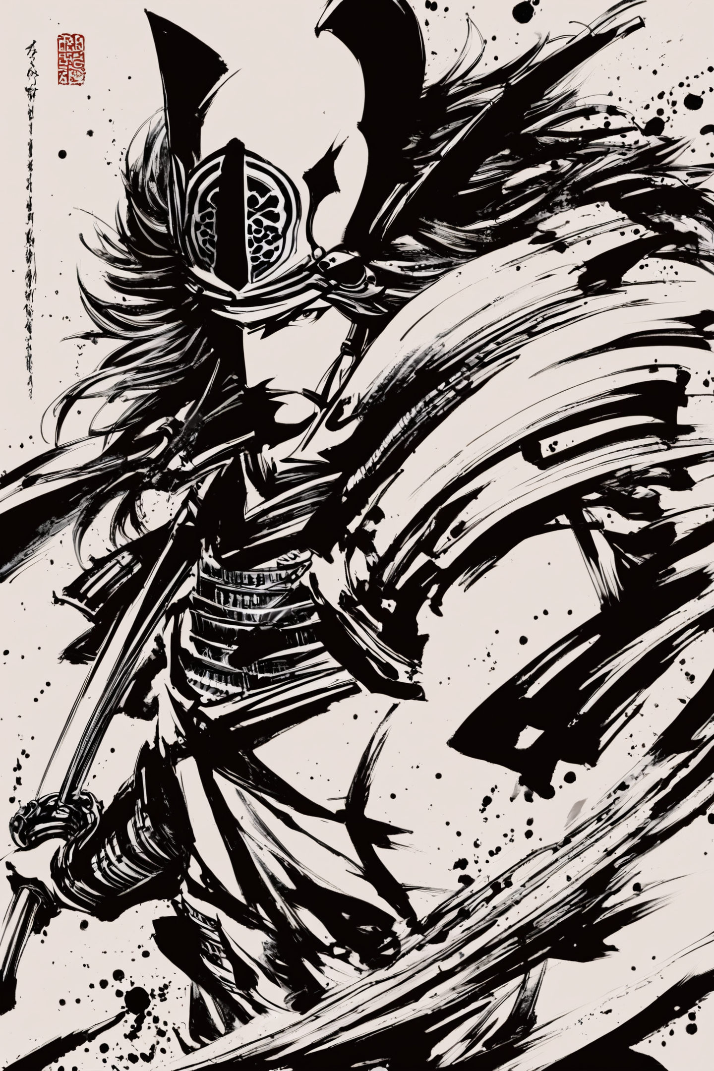 score_9,score_8_up,score_7_up,masterpiece,best quality,
monochrome,greyscale,ink \(medium\),samurai,japanese armor,1boy,armor,weapon,katana,male focus,sword,solo,long hair,shoulder armor,kusazuri,sode,holding,holding weapon,sheath,holding sword,helmet,kote,
<lora:okazu_XL_PONY:1>,