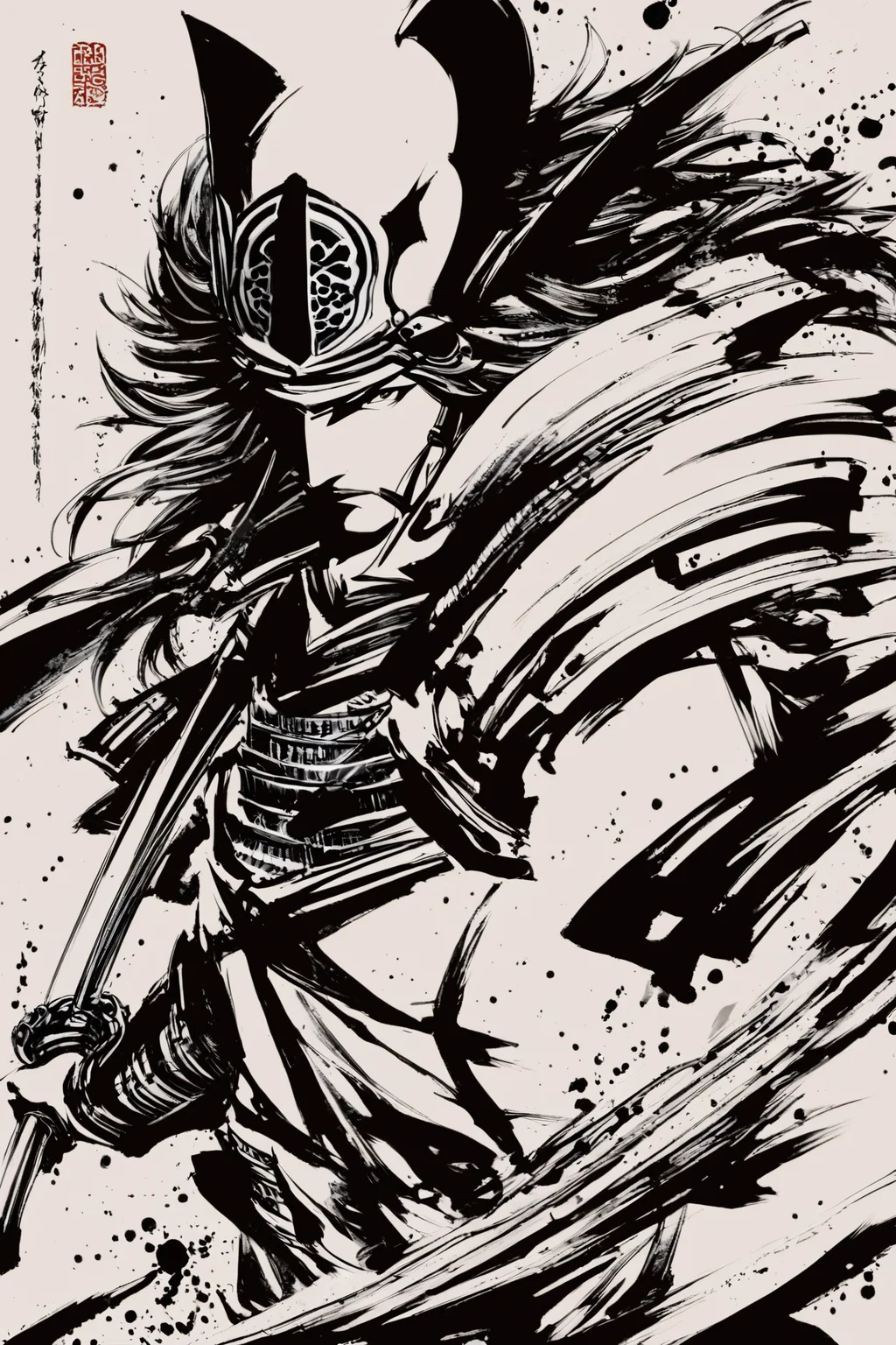 score_9,score_8_up,score_7_up,masterpiece,best quality,
monochrome,greyscale,ink \(medium\),samurai,japanese armor,1boy,armor,weapon,katana,male focus,sword,solo,long hair,shoulder armor,kusazuri,sode,holding,holding weapon,sheath,holding sword,helmet,kote,
<lora:okazu_XL_PONY:1>,