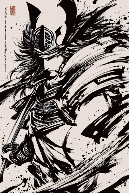score_9,score_8_up,score_7_up,masterpiece,best quality,
monochrome,greyscale,ink \(medium\),samurai,japanese armor,1boy,armor,weapon,katana,male focus,sword,solo,long hair,shoulder armor,kusazuri,sode,holding,holding weapon,sheath,holding sword,helmet,kote,
<lora:okazu_XL_PONY:1>,
