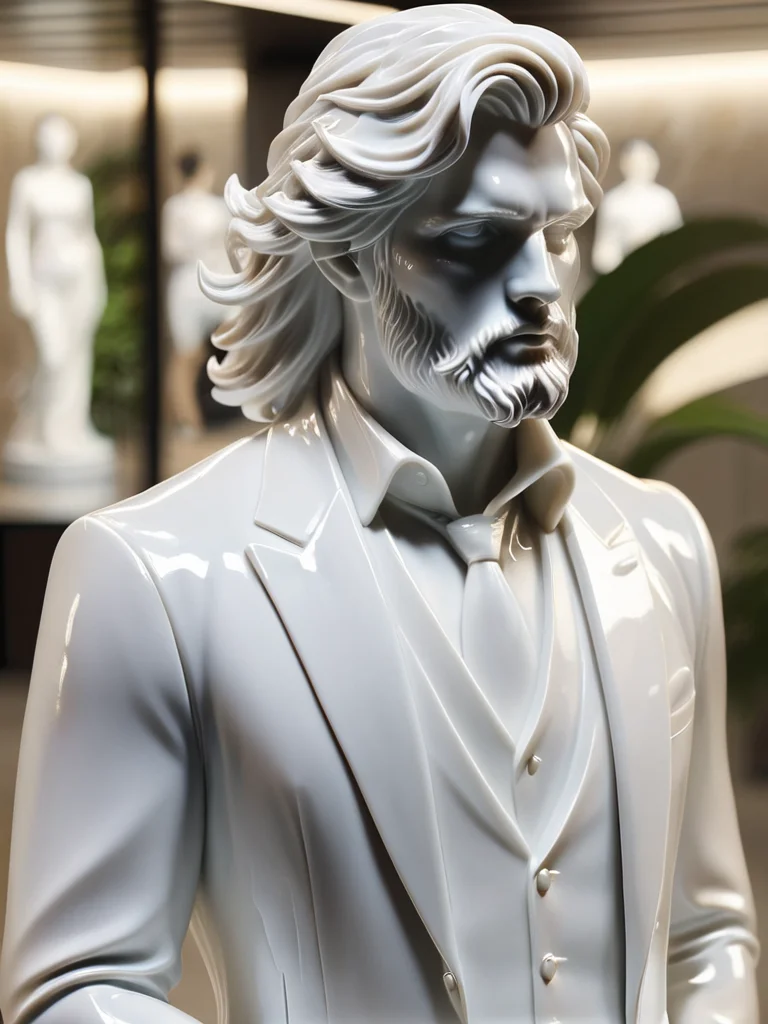 a statue of a man with a flowing hair <lora:ral-porcelain-sdxl:1> ral-porcelain