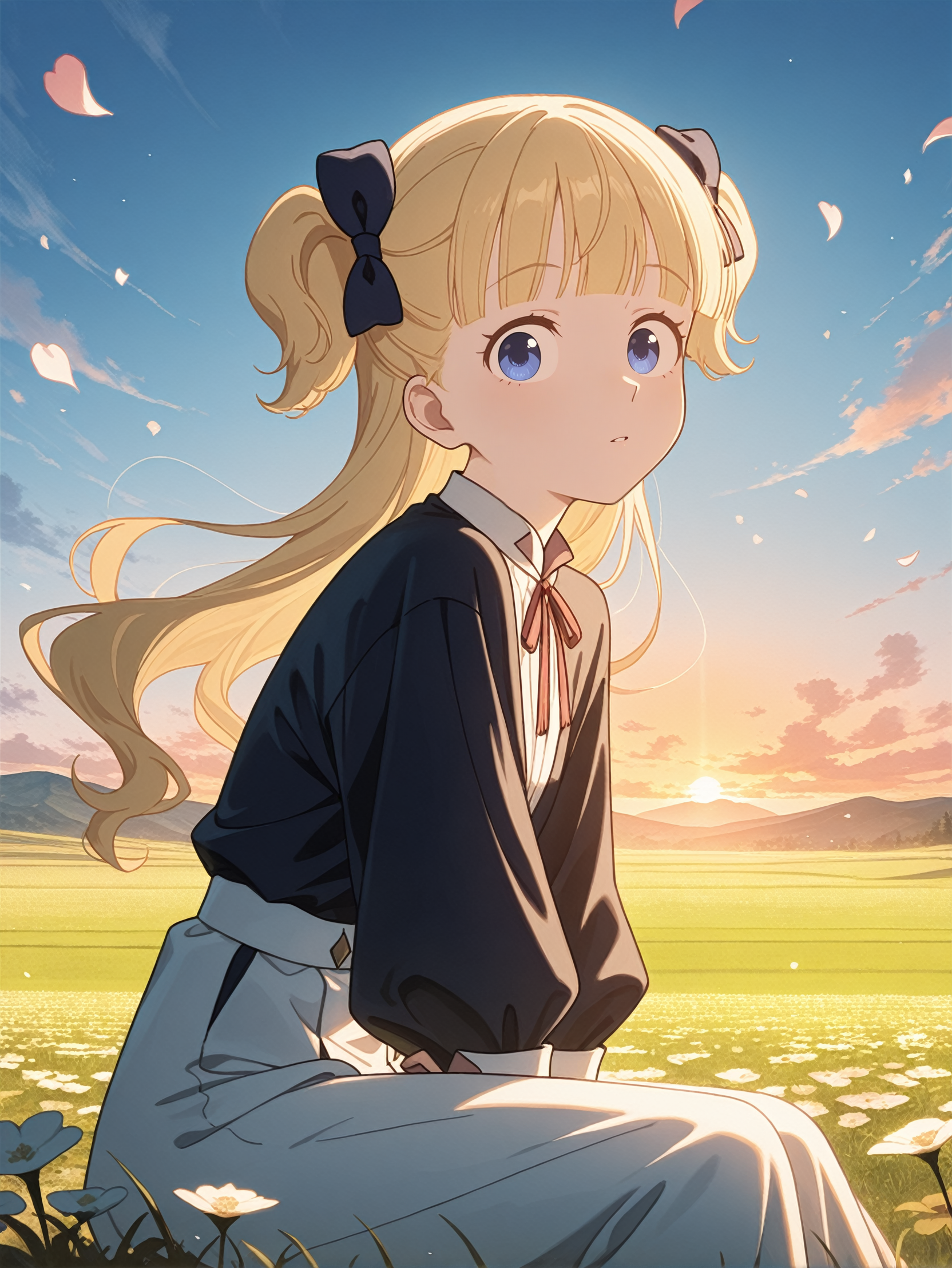 masterpiece, best quality, high resolution, very aesthetic, absurdres, newest, professional, high-quality, detailed eyes,
<lora:ILAEmilico:1.0>
AEmilico, 1girl, blonde hair, blue eyes, hair bow, blunt bangs, two side up, long hair, looking at viewer, sitting, field, hill, blue sky, sunset, flower petals, wind