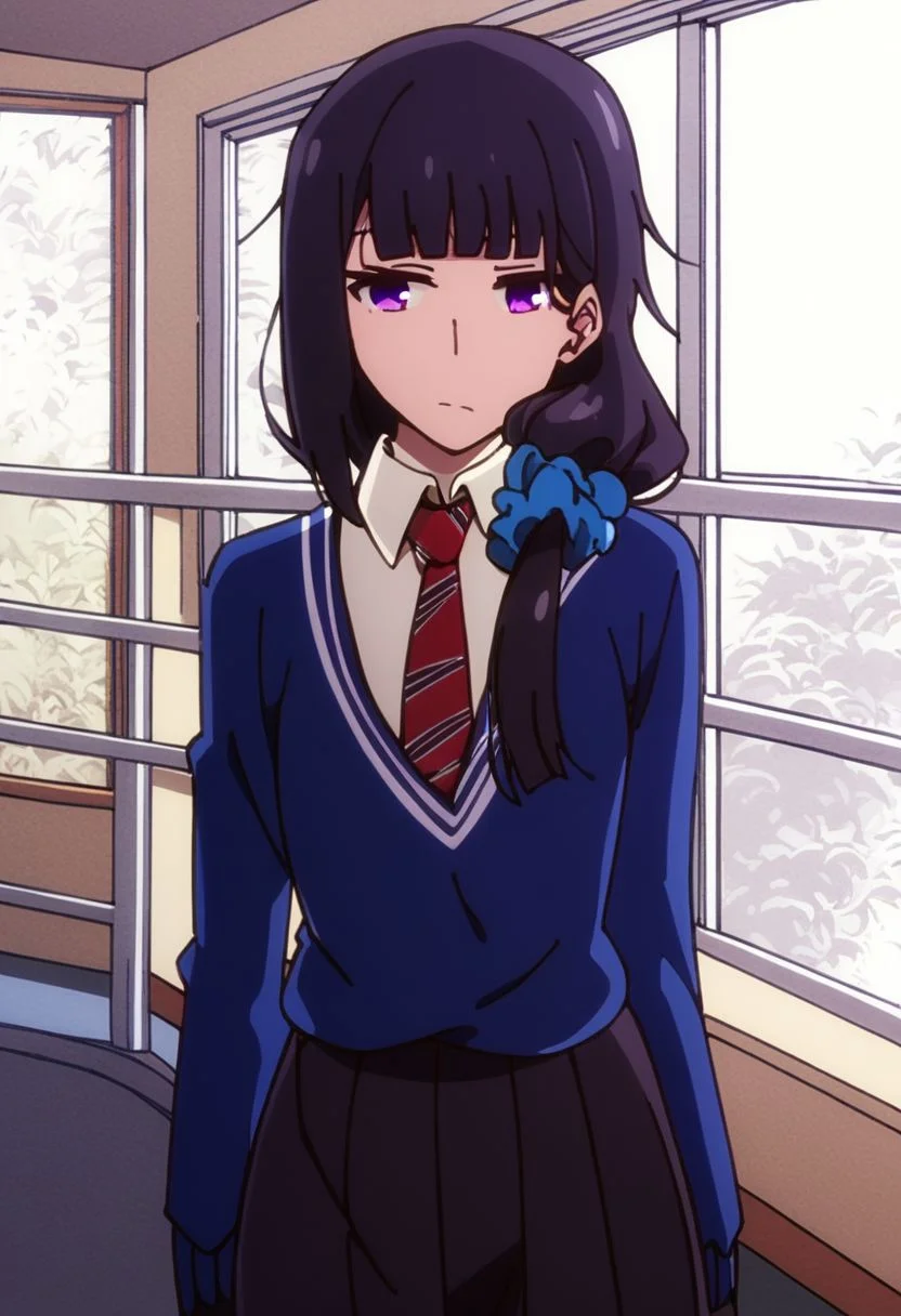 score_9, score_8_up, score_7_up,セーターの学校制服 \(群堂 みすず\), Sweater School Uniform \(Misuzu Gundou\) , waist up, black hair, purple eyes, blue scrunchie, hair over one shoulder, closed mouth, medium breasts, blunt bangs, background: perspective shot of a school hallway, windows