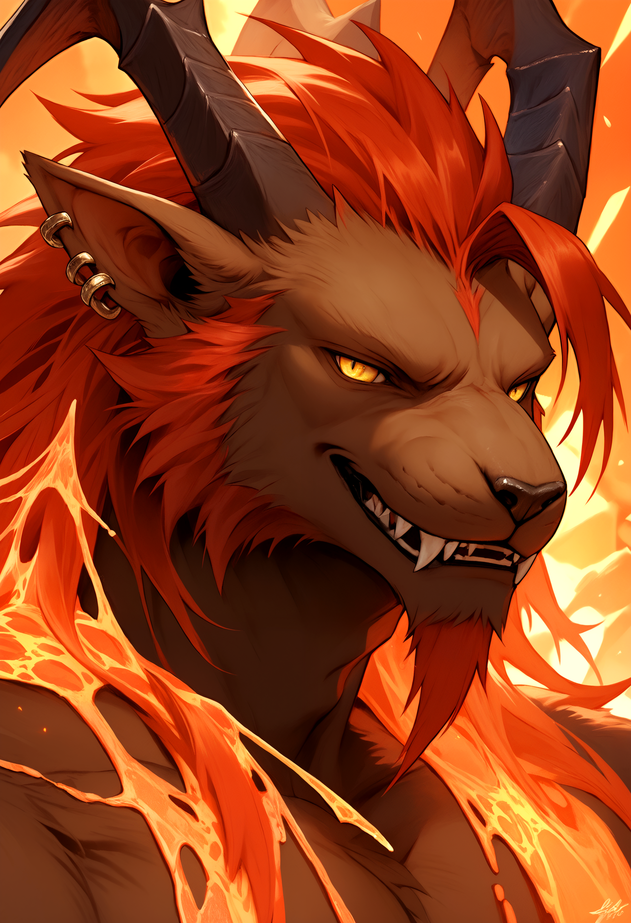 score_9, score_8_up, score_7_up, 8k, detailed design, detailed background, detailed characters, masterpiece, anthro only, furry only, 1boy, solo,  <lora:IfritFF8-000003>, ifrit_(final_fantasy), dark skin, ear piercing, red hair, long hair, fangs, horns, yellow eyes, close up, smug, seductive smile,  outside, lava,