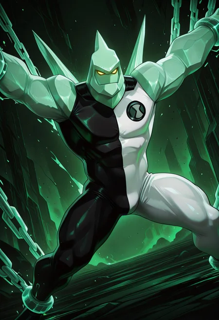 safe_pos, solo, di4mondh4ad, yellow eyes, glowing eyes, white and black bodysuit, (4 fingers:1.3), muscular, restrained_magic, spread arms, spread legs, green theme, multicolored background, abstract background,
perfect anatomy, masterpiece, perfect quality, best quality, detailed, newest, very aesthetic
<lora:Illustrious\Characters\Diamondhead_Ben10_V1_ILXL:1.0>
<lora:Illustrious\Details\illustriousXL_stabilizer_v1:0.5>