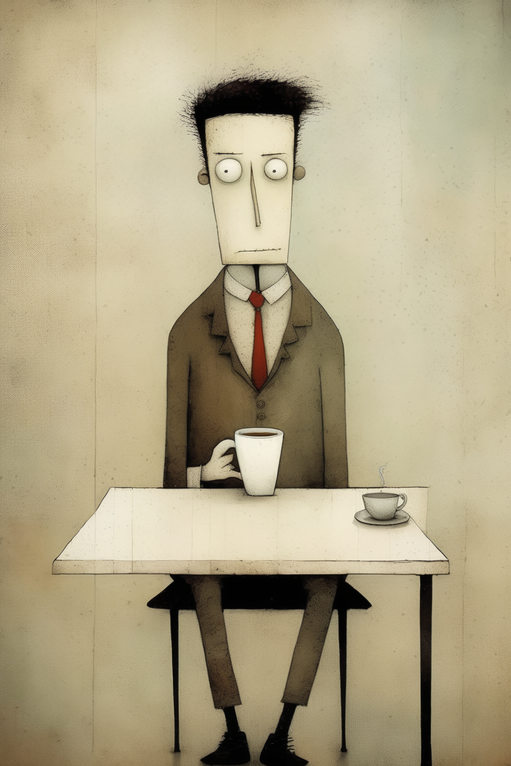 <lora:Gabriel Pacheco Style:1>Gabriel Pacheco Style - comic of a sad man, drinking coffee in a cafeteria, style of the artist gabriel pacheco