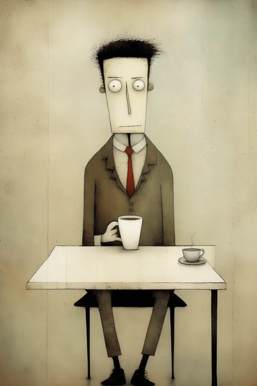<lora:Gabriel Pacheco Style:1>Gabriel Pacheco Style - comic of a sad man, drinking coffee in a cafeteria, style of the artist gabriel pacheco