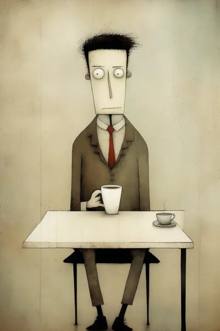 <lora:Gabriel Pacheco Style:1>Gabriel Pacheco Style - comic of a sad man, drinking coffee in a cafeteria, style of the artist gabriel pacheco