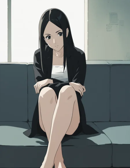 score_9, score_8_up, score_7_up, source_anime, <lora:ray-animation-ponyxl:1> kasuganoray, black coat, black hair, tube top, black skirt,
1girl, sitting, indoors, crossed arms, hugging own legs, closed mouth, looking at viewer, upper body, bedroom