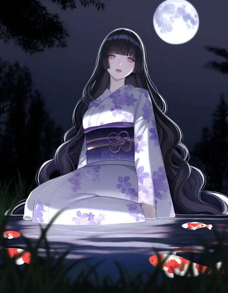 masterpiece, high quality, very awa, highres, absurdres, 1girl, wavy hair, hime cut, purple eyes,very long hair, black hair, on grass, facing viewer, pond in foreground, koi fish, from below, japanese clothes, obi, white kimono, floral print, pale skin, outdoors, dark, big moon in center, <lora:Semirealism_NOOBAI_VPRED:0.95>, masterpiece, high quality, highres, absurdres,