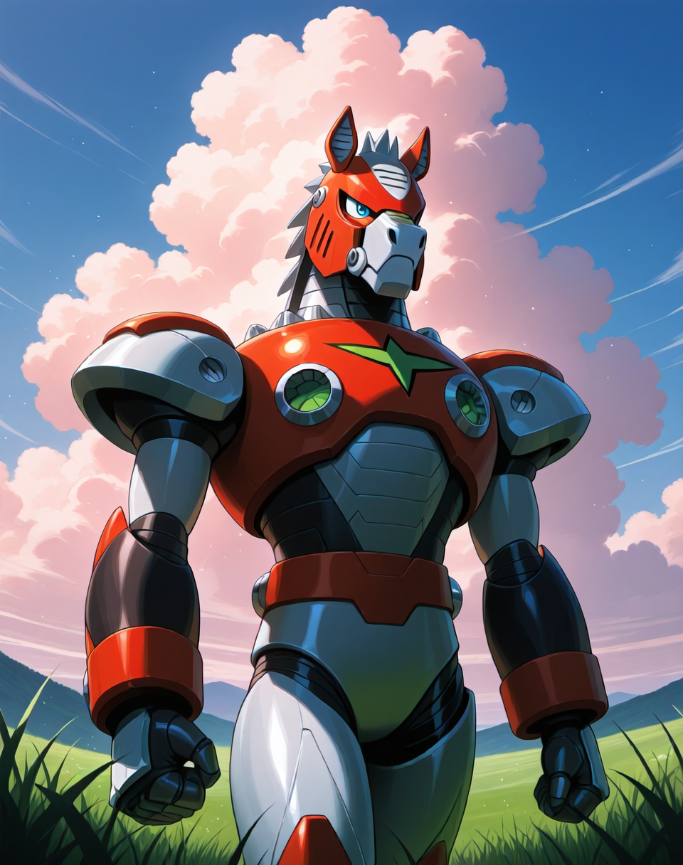 <lora:Reploid_(Mega_Man_X)_(Illustrious)_(AD):1.5> reploid, MMX, 
exterior, sky with clouds, grassy valley,
male focus, intense shadows, dynamic shadows, intricate details, attention to details, gradient coloring, bright vivid colors, robot, bent leg, glossy metal body, cowboy shot, horse reploid, 
BREAK very awe, masterpiece, best quality, amazing quality, very aesthetic, highres, absurdres,  
EZRealPONYXL, zPDXL, Smooth Quality, lazynsfw,