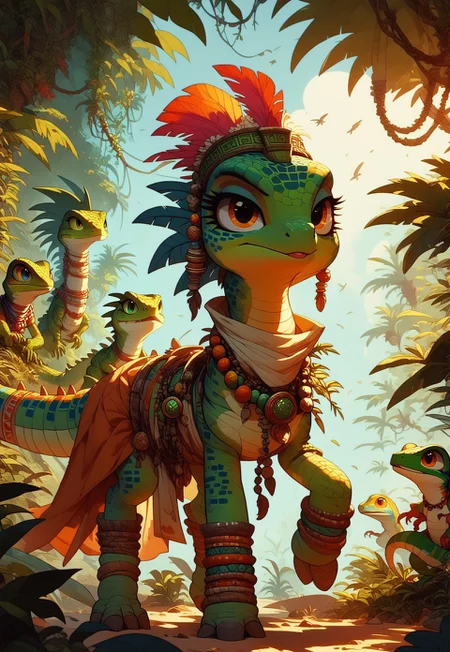 safe_pos, Aztec, Lizard, mlp, Mare, Quadraped, lizard, pony, score_9, score_8_up, score_7_up, score_6_up,embedding:SDXL\Positive\OverallDetail,1 girl, lizard warrior, short and spiney, webed hooves, spiny scales, large webed head frill, small horny ears, long lizard tail, standing on 4 legs in a jungle clearing, dappled sunlight filtering through trees