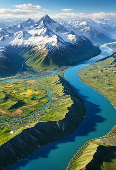 Majestic snow-capped mountain range with peaks of many different heights. Along side the range is a lush plain with farmland,and large river that irrigates the plain. aerial view,highly detailed,photorealistic,beautiful,