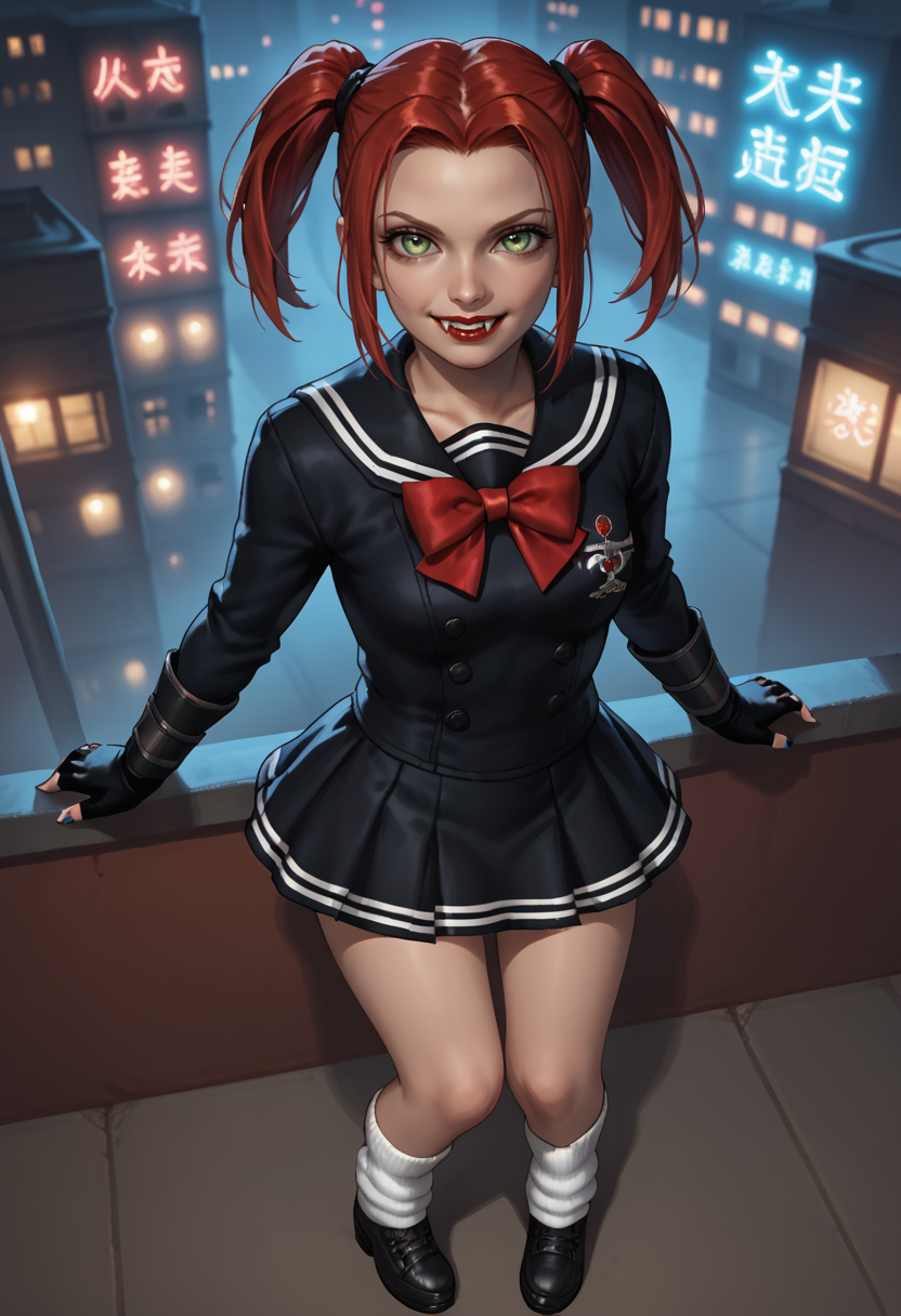 <lora:Schoolgirl_Rayne:0.5>, score_9, score_8_up, score_7_up,score_6_up, score_5_up, score_4_up, 1girl, solo, bloodrayne, bowtie, fingerless gloves, dark blue nail polish, green eyes, red lipstick, redhead, serafuku, long sleeve, black skirt, loose socks, black shoes, twintails, looking at viewer, smile, vampire fangs, from above, city, night, neon lights, dim_lighting,
