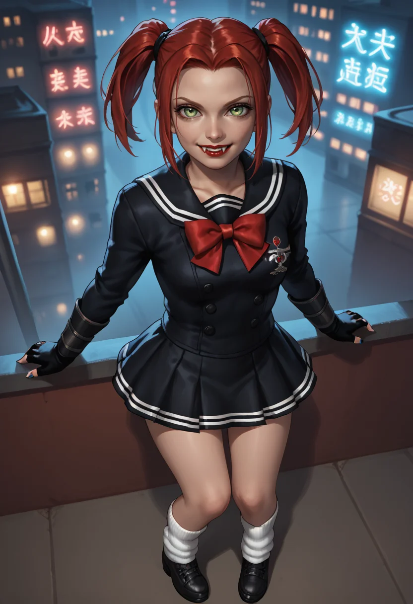 <lora:Schoolgirl_Rayne:0.5>, score_9, score_8_up, score_7_up,score_6_up, score_5_up, score_4_up, 1girl, solo, bloodrayne, bowtie, fingerless gloves, dark blue nail polish, green eyes, red lipstick, redhead, serafuku, long sleeve, black skirt, loose socks, black shoes, twintails, looking at viewer, smile, vampire fangs, from above, city, night, neon lights, dim_lighting,
