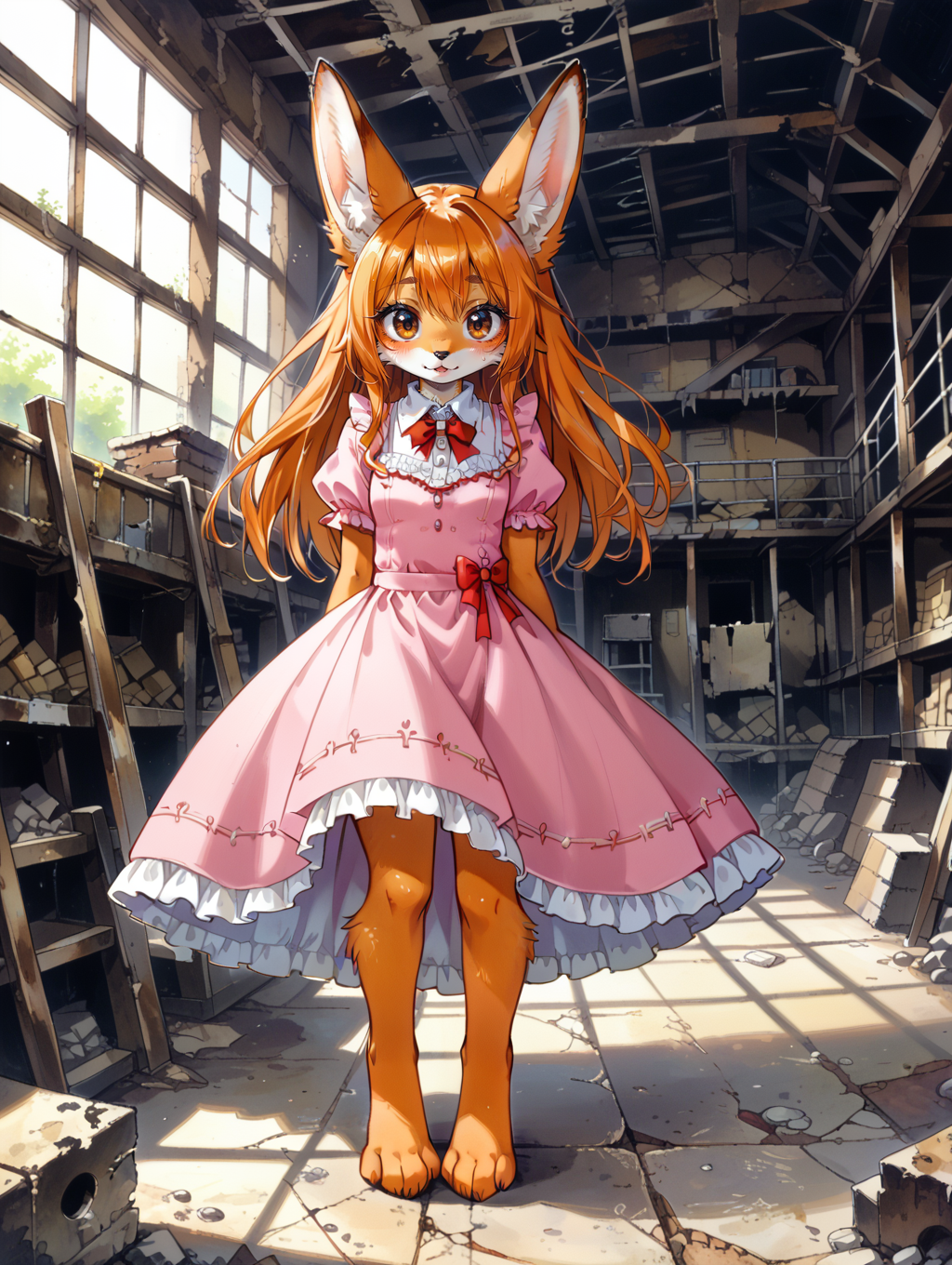 score_9, score_8_up, score_7_up,source_anime, <lora:style008:0.9>,
furry, crouched, behind, fox kit, fondling its own sleek, fuzzy thighs, rabbit girl adjusting her frilly pink dress and matching bow, large brown eyes, nervously, rabbit girl, furry, fox kit, front, abandoned warehouse, in the dimly lit, abandoned warehouse.