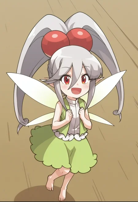 source_anime,anime screencap, anime coloring,intricate details,rating_safe, masterpiece, best quality,
(best quality, absurd res, ultra detailed),,(4 finger:0.5),1girl, ((solo)), good eyes,perfect eyes,,detailed eyes, zPDXLxxx , zPDXL3,detailed, detailed face
BREAK
solo,floating,flying,full body,
elle, fairy, red eyes, pointy ears, grey hair, long hair, hair between eyes, hair ornament, twintails, fairy wings, green dress, sleeveless, barefoot,
happy, smile,
, <lora:add-detail-xl:2>  <lora:Elle:0.8>