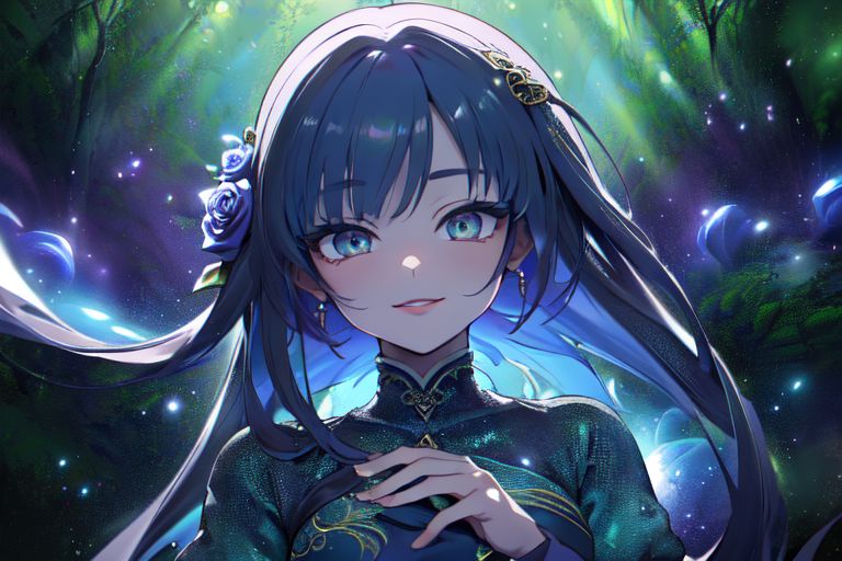 (masterpiece:1.4), 4K8K, (anime style), (high shutterspeed:1.4), (sharp edges), 
SyFyEye1, FanFo, 
1woman  hands togather,  leaning foward, face focus, smile, closed mouth, 
wearing Celtic style dress, (Detailed face, Detailed eyes, Detailed lips), (solo), 
any colored roses, Fantastic Forest at fantasy night,