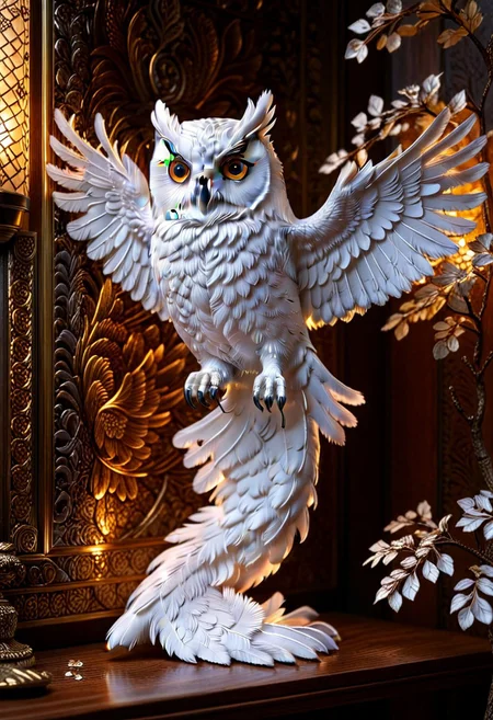 A photorealistic image of a majestic owl figure,
crystalstexture skin,(extremely delicate and beautiful), highly detailed, WhiteMold, art style, 3d printed mold,
intricate details, dramatic composition, contrast, texture, realism, high quality, stunning art, film grain, volumetric lighting, detailed,
background is cozy room,