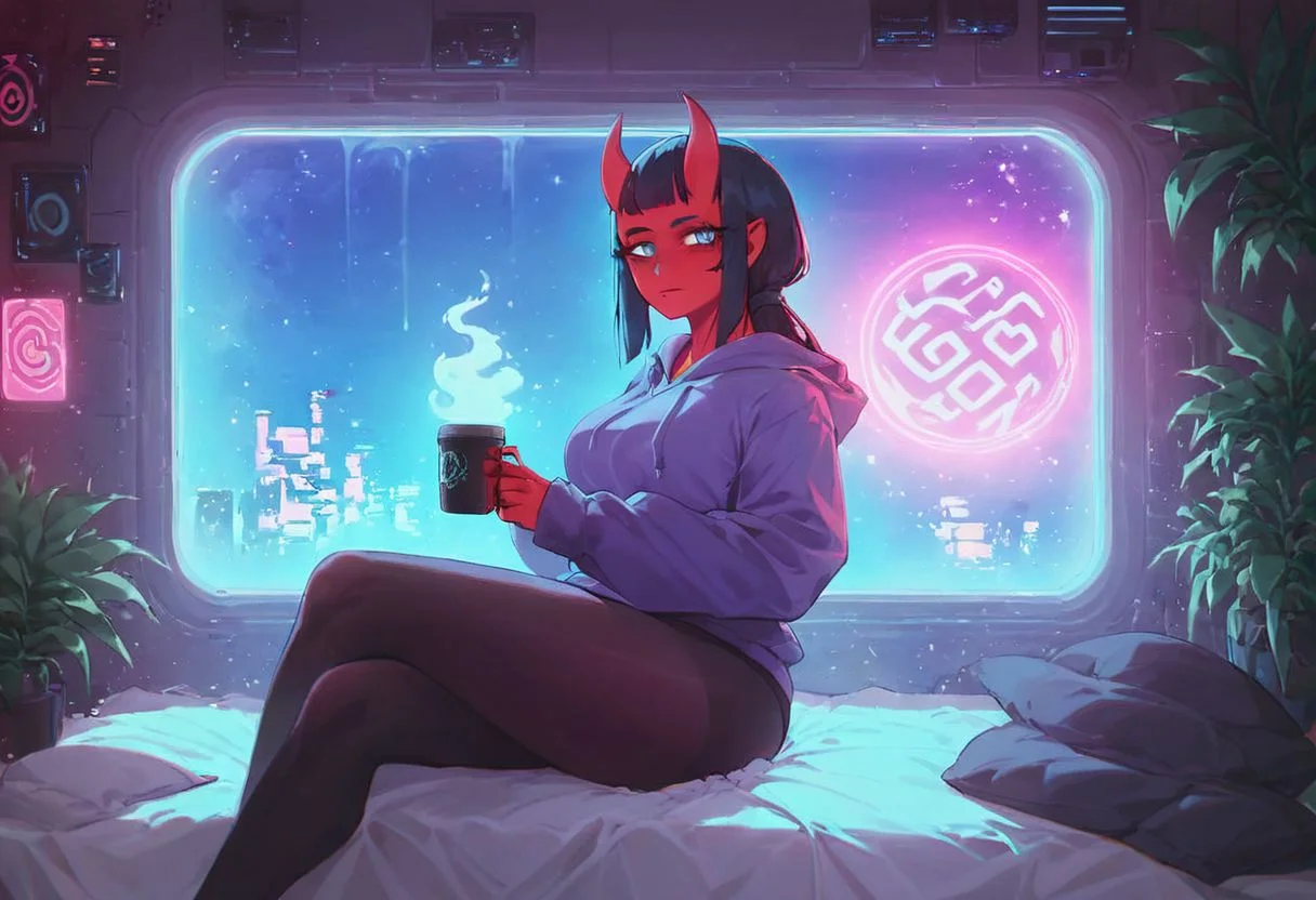 score_9,score_8_up,score_7_up,score_6_up, 1girl,
sitting in bed next to a large window, holding coffee cup, holding steaming coffee cup, wearing croptop hoodie, black croptop hoodie, long hair, black hair, blue strip in hair low ponytail hairstyle, red skin, demon girl, small horn on head, devil horns, pov from the side, sitting on the bed, hoodie, plants on the windowsill, looking out the window, looking away from viewer, background through window is vast space, galaxy background, wearing tights, leggings, black tights, thighs, night time, cyberpunk city view out of the window, neon light, purple neon lights, raining outside, heaving rain outside, girl is dry, no rain inside