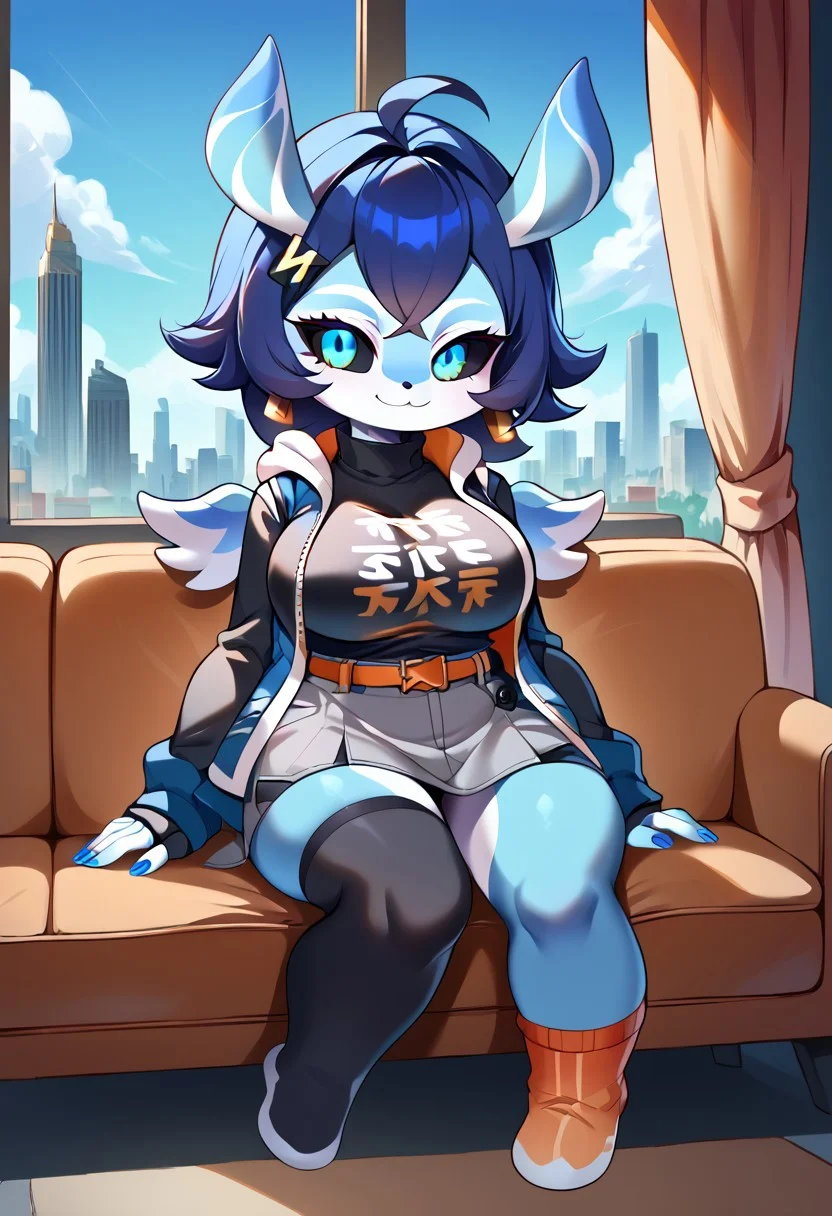 score_9, score_8_up, source_anime, source_furry, full body, 1futa, solo, mature female, curvy, (large breasts:1.5), (large bulge:1.2), (long hair:1.5), (bright blue eyes:1.5), (black sclera:1.5), glowing eyes, (blue nails:1.5), belle, blue hair, hair ornament, belt, black shirt, black thighhighs, clothes writing, earrings, fingerless gloves, gloves, grey shorts, jewelry, long sleeves, orange belt, orange flower, orange socks, shirt, single fingerless glove, single thighhigh, jacket, hoodie, turtleneck, melusine, straight ears, stubby tail, wings, blue skin, crossed bangs, flipped hair, shortstack, smile, sitting on couch, sexy pose, seductive look, room, window, curtains, cityscape, blue sky