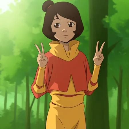 score_9, solo, jinora_k, 1girl, short hair, brown hair, single hair bun, brown eyes, monk clothes, v, tree, natural lighting,
