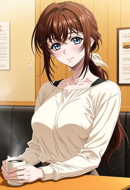 masterpiece, best quality, newest, highres, uncensored, 1girl, yokota mamoru style,1girl, slender face,motion lines,blush
Asai Sayaka,Brown Hair, Ponytail,Blue Eyes,Medium Breasts, Slim,long hair
1girl,solo
Coffee shop, lady, making coffee, dining table, very happy,look at the viewer