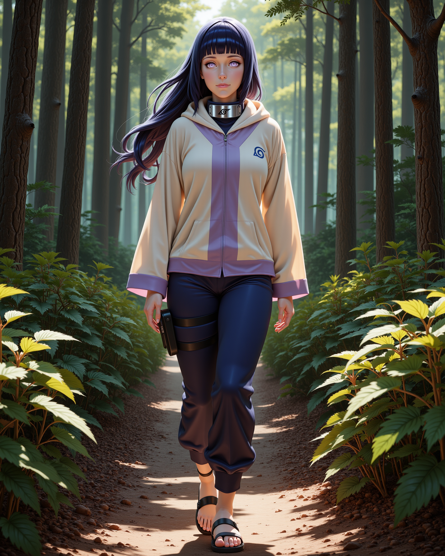-looking at viewer, outdoors daylight, a 20 year old adult mature woman.
PhotoRealistic Style,  front view photo of.
<lora:Naruto_-_Hinata_v2-000030:1> n-hinata, purple eyes, blunt bangs, black hair wearing cream hooded jacket with lavender accents, navy blue pants, blue ninja sandals, Konoha forehead protector
A woman walks through a dense forest, the trees towering above her as she picks wild berries from the bushes lining the path.