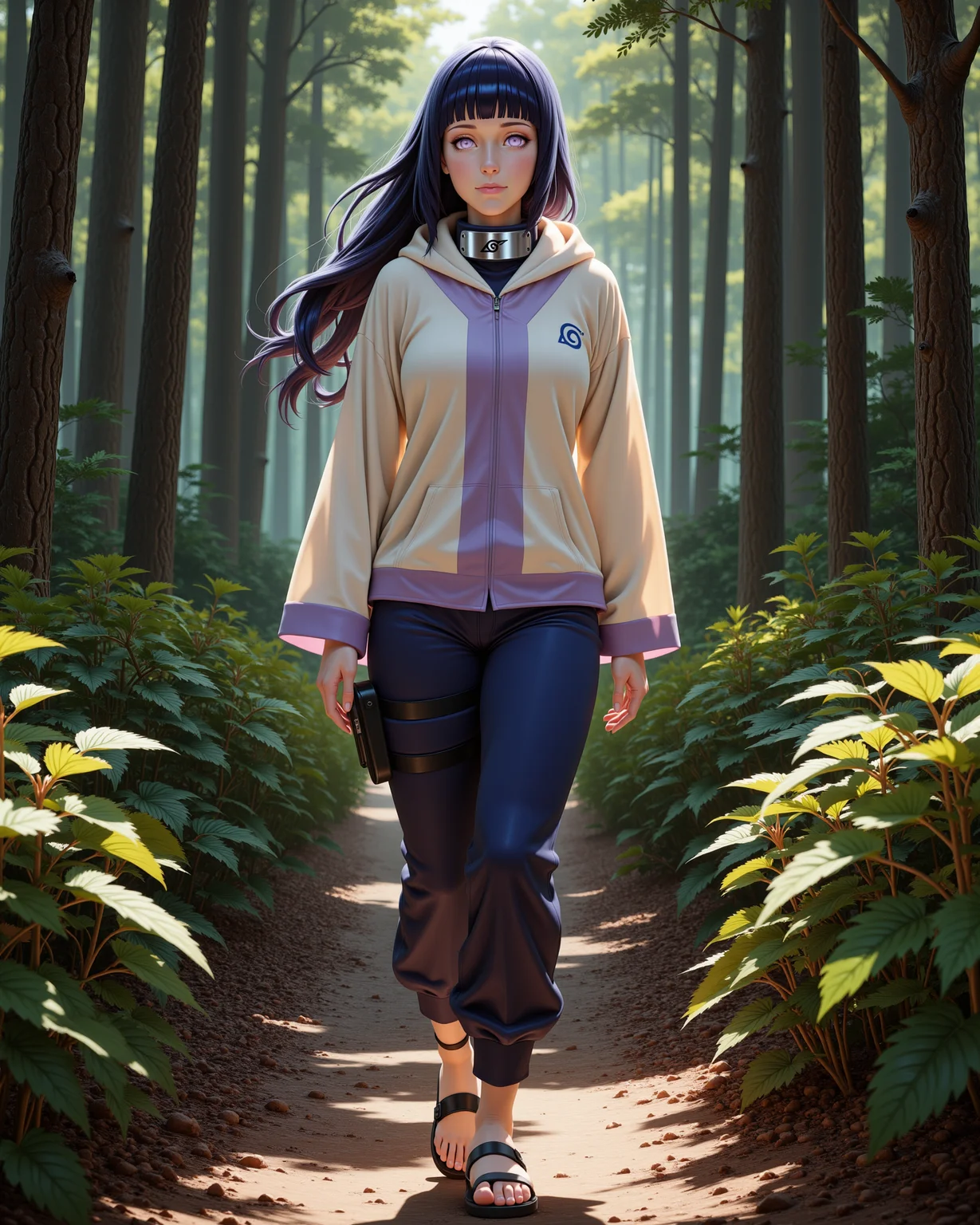 -looking at viewer, outdoors daylight, a 20 year old adult mature woman.
PhotoRealistic Style, front view photo of.
<lora:Naruto_-_Hinata_v2-000030:1> n-hinata, purple eyes, blunt bangs, black hair wearing cream hooded jacket with lavender accents, navy blue pants, blue ninja sandals, Konoha forehead protector
A woman walks through a dense forest, the trees towering above her as she picks wild berries from the bushes lining the path.