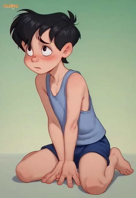 score_9, score_8_up, score_7_up, score_6_up, 1boy, solo, male, Neddiehugson, 1boy, solo,  black hair, short hair, black eyes, thin body, thin face, short stature, cute boy, blushing, shy, tank top, shorts, barefoot, sitting down, legs spread leaning forward, hands between legs