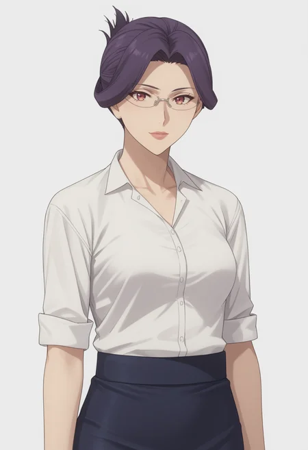 score_9, score_8_up, score_7_up, source_anime, white white background, looking at viewer, BREAK, 1girl, solo, <lora:DX888YumikaRaiha:1>, tsuge raiha, purple hair, folded ponytail, mature female, red eyes, white shirt, glasses, pencil skirt,
