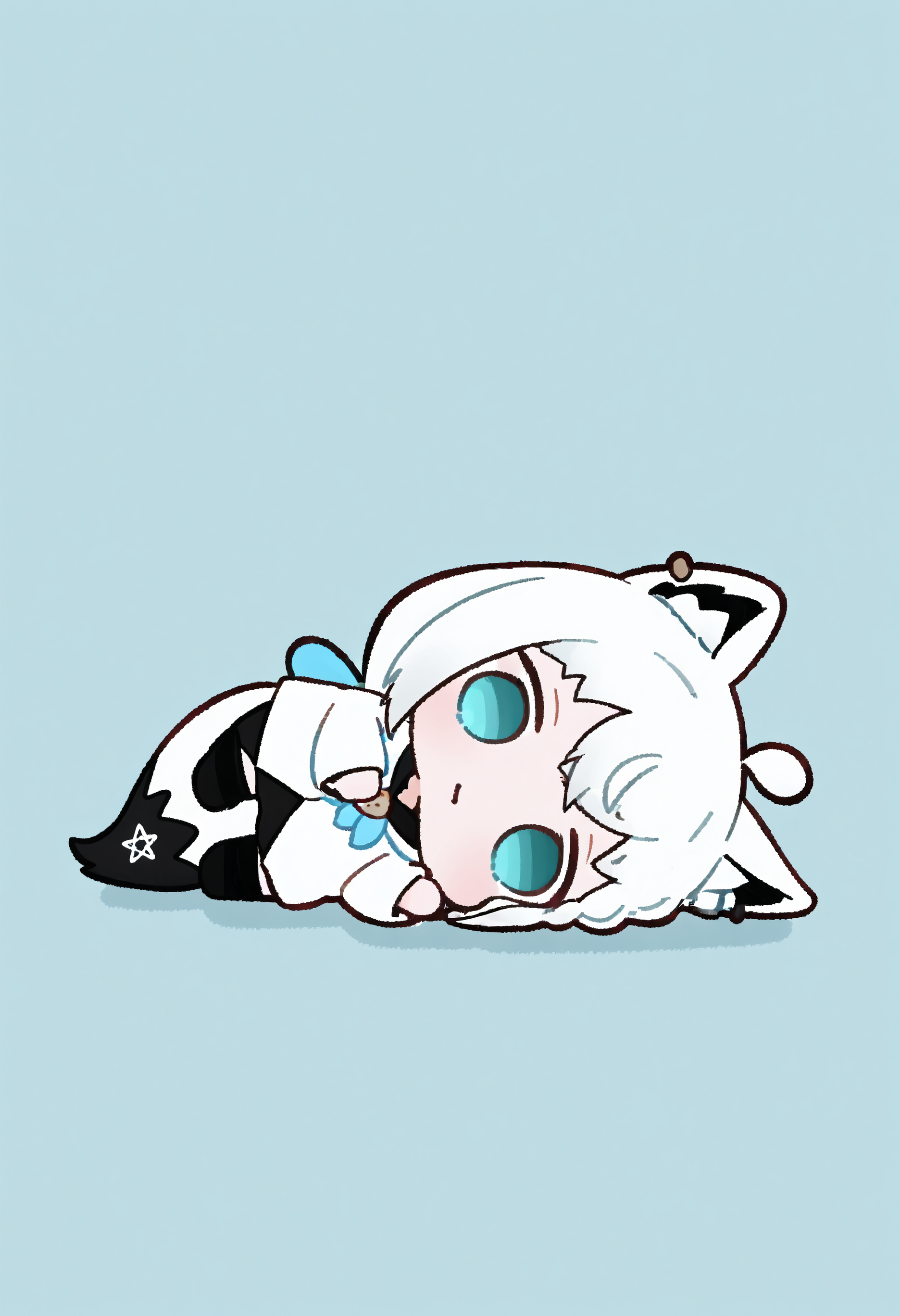 <lora:Style_KikivVmal:1>, chibi, simple background, shirakami fubuki \(1st costume\), lying, on side, empty eyes, masterpiece, best quality